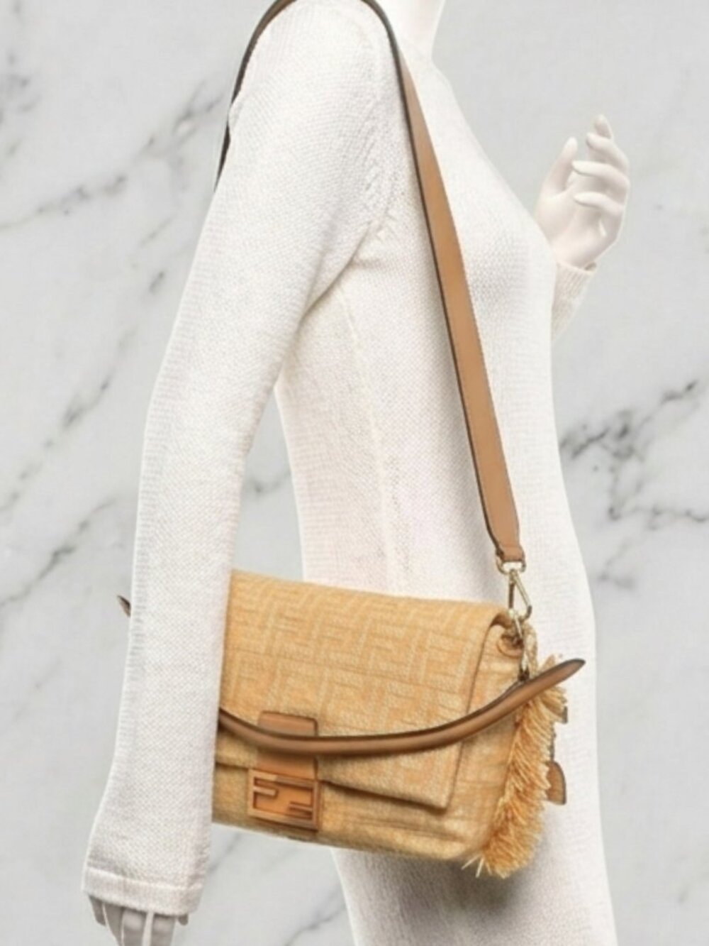 NWT Fendi Mamma Baguette Natur Miele Lambskin FF Woven Flap Bag - Boutique Set